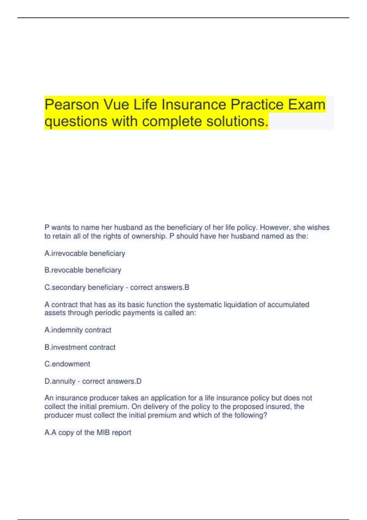 Pearson Vue Life Insurance Practice Exam questions with complete