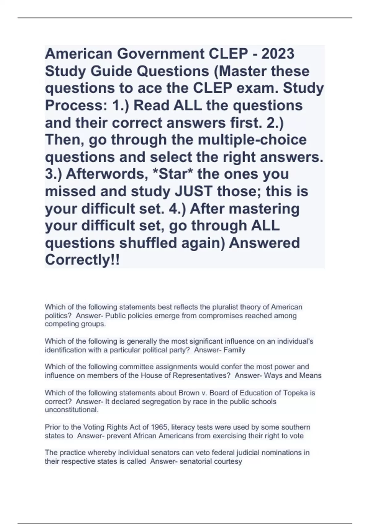 American Government CLEP - 2023 Study Guide Questions (Master These ...