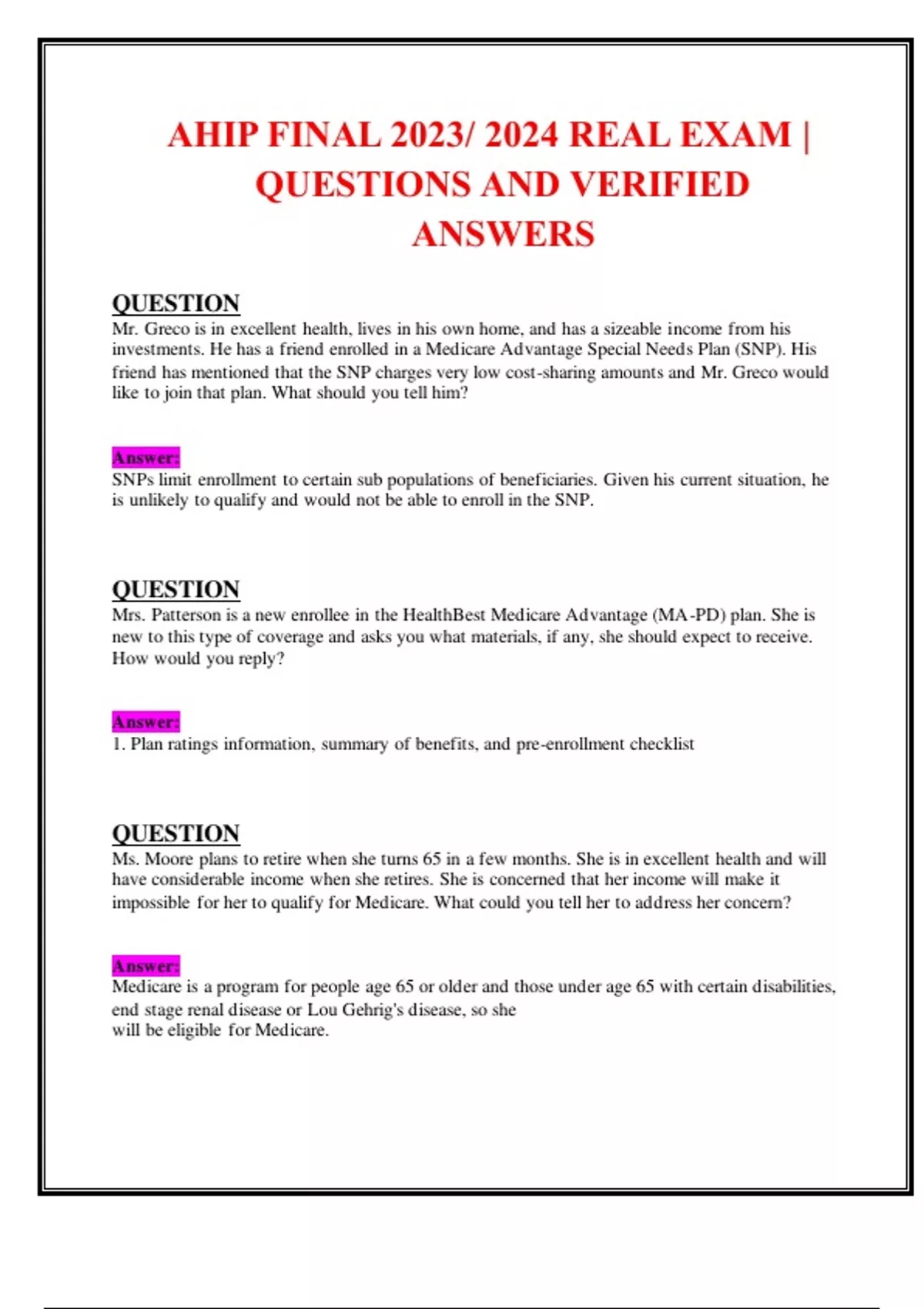 AHIP 2024 Final Exams STUDY PACK Questions and 100 Correct Verified