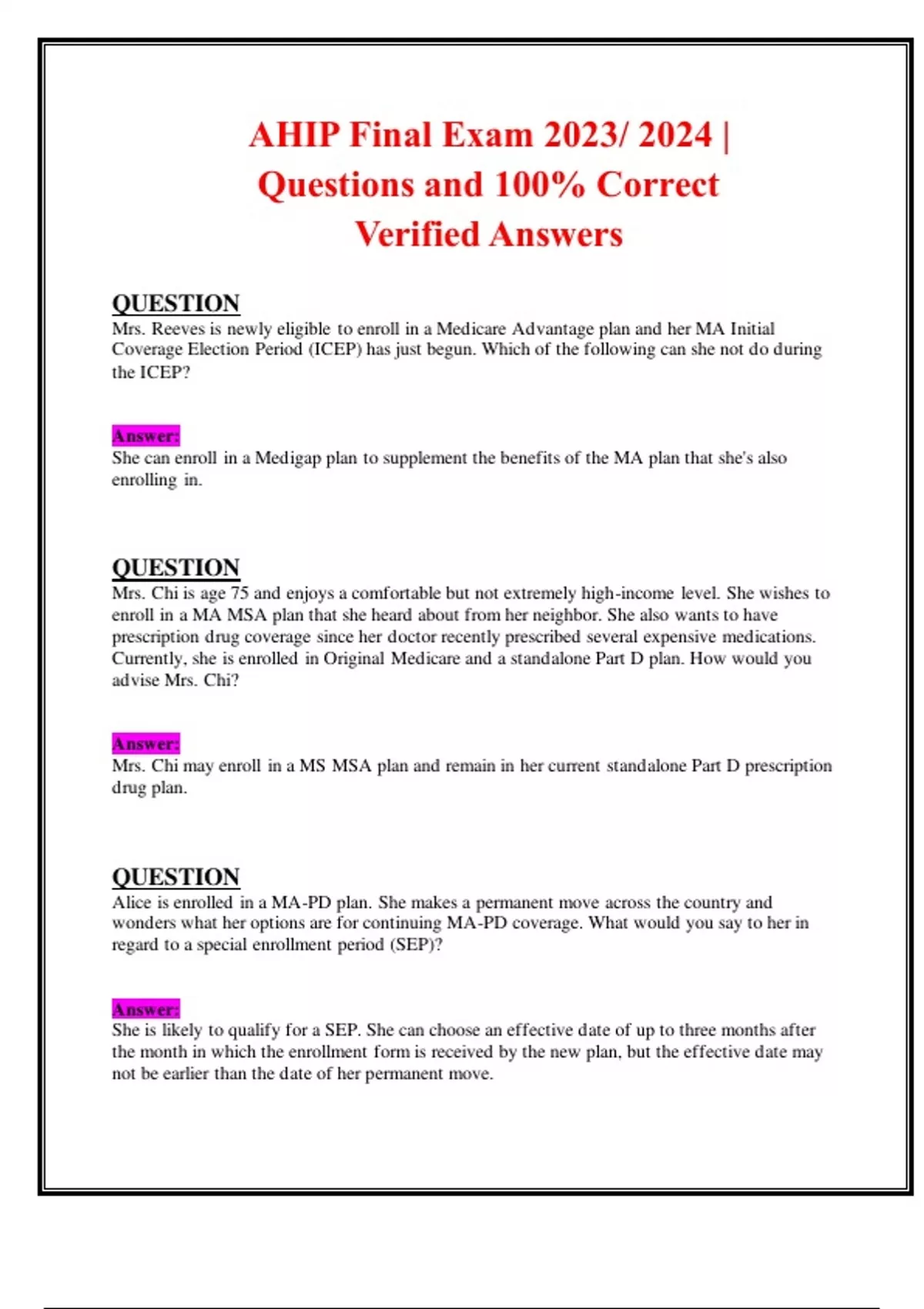 AHIP Final Exam 2023/ 2024 Questions and 100 Correct Verified