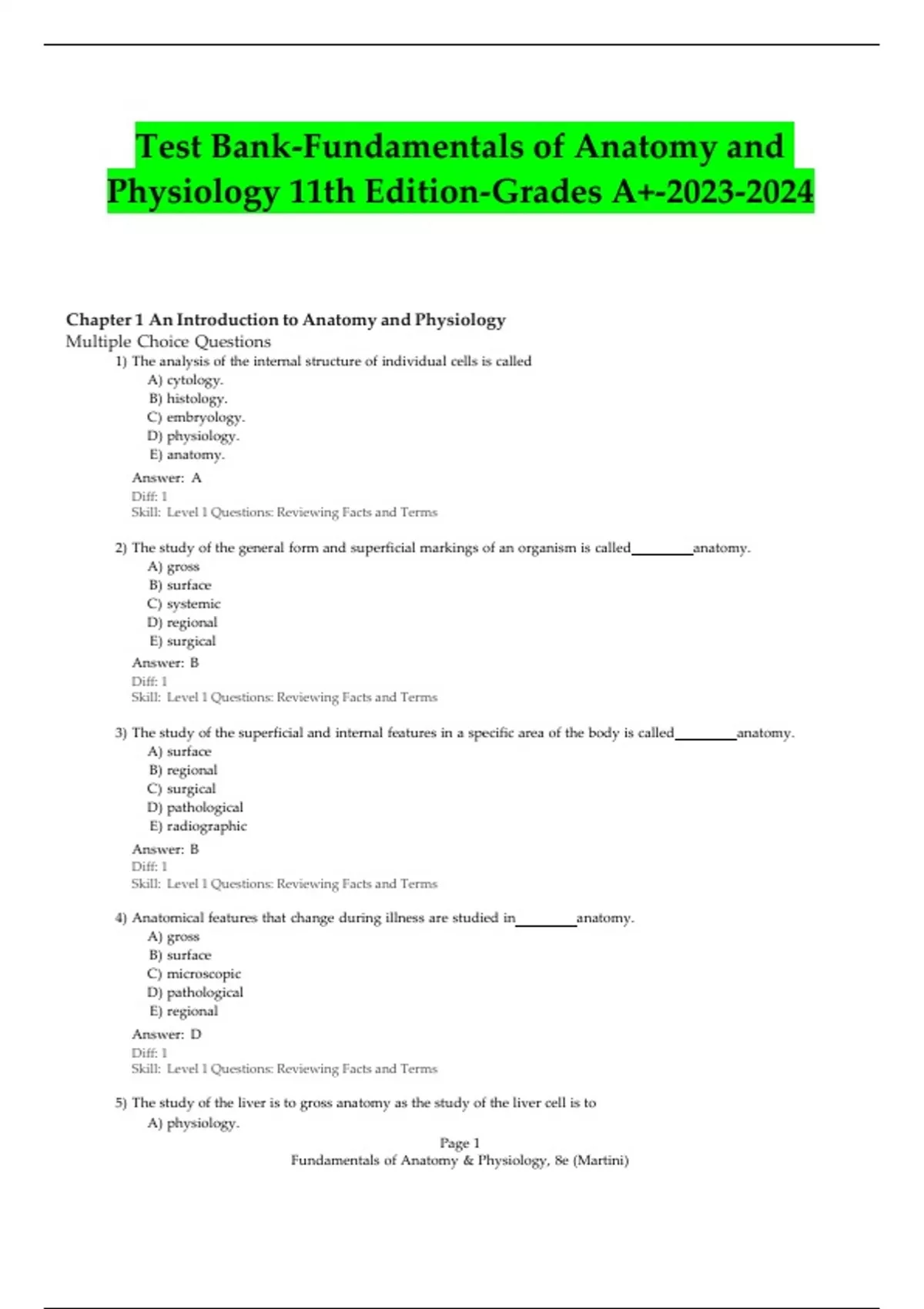 Test Bank-Fundamentals Of Anatomy And Physiology 11th Edition-Grades A+ ...