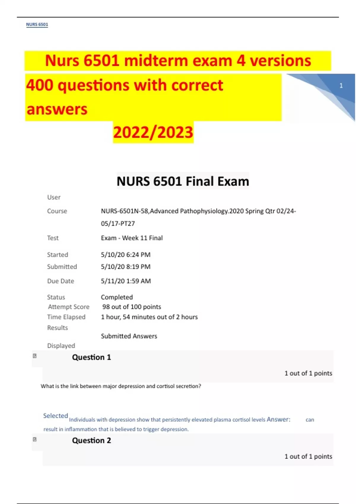 Nurs 6501 midterm exam 4 versions 400 questions with correct answers