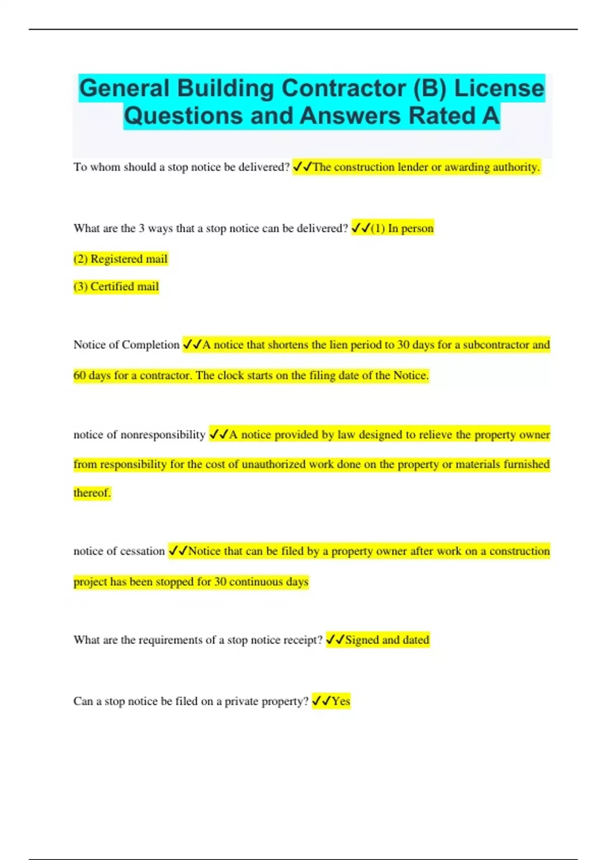 General Building Contractor (B) License Questions And Answers Rated A+ ...