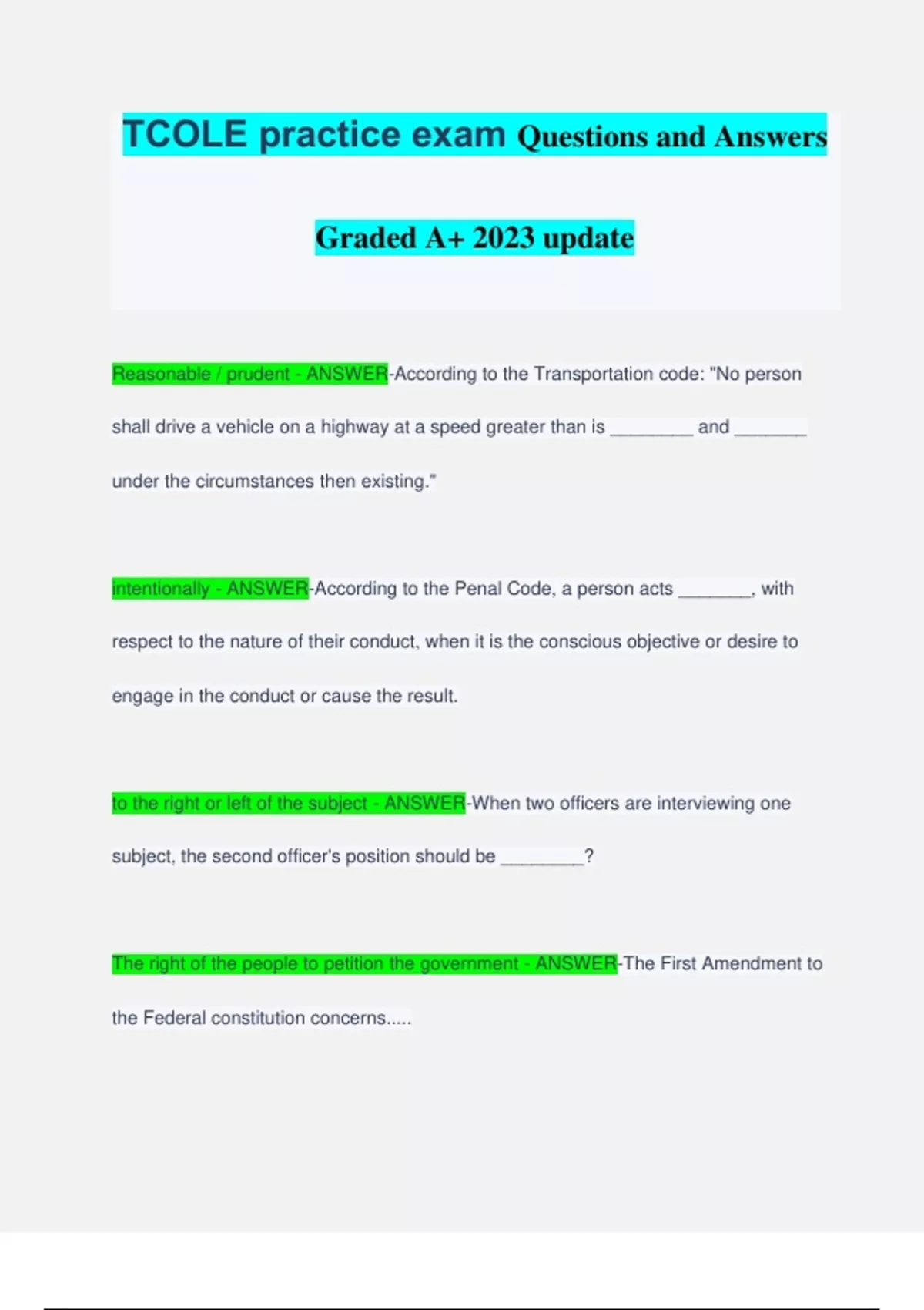 TCOLE Practice Exam Questions And Answers Graded A+ 2023 Update - TCOLE ...