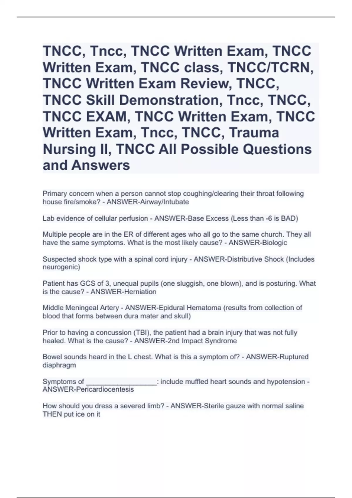 TNCC EXAM 2023/2024 QUESTIONS AND ANSWERS 100 ACCURATE TNCC Stuvia US