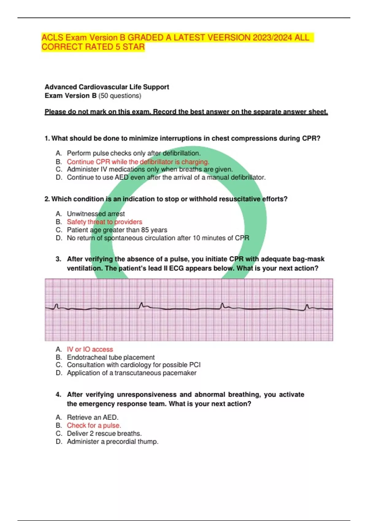 ACLS Exam Version B GRADED A LATEST VEERSION 2023/2024 ALL CORRECT