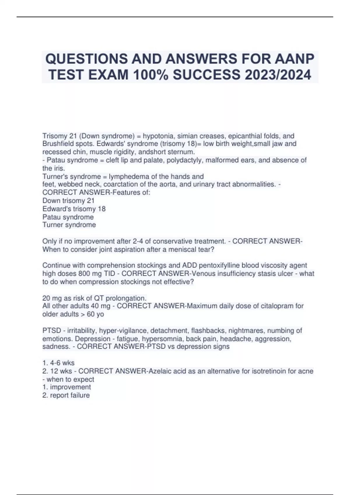 QUESTIONS AND ANSWERS FOR AANP TEST EXAM 100 SUCCESS 2023/2024 AANP