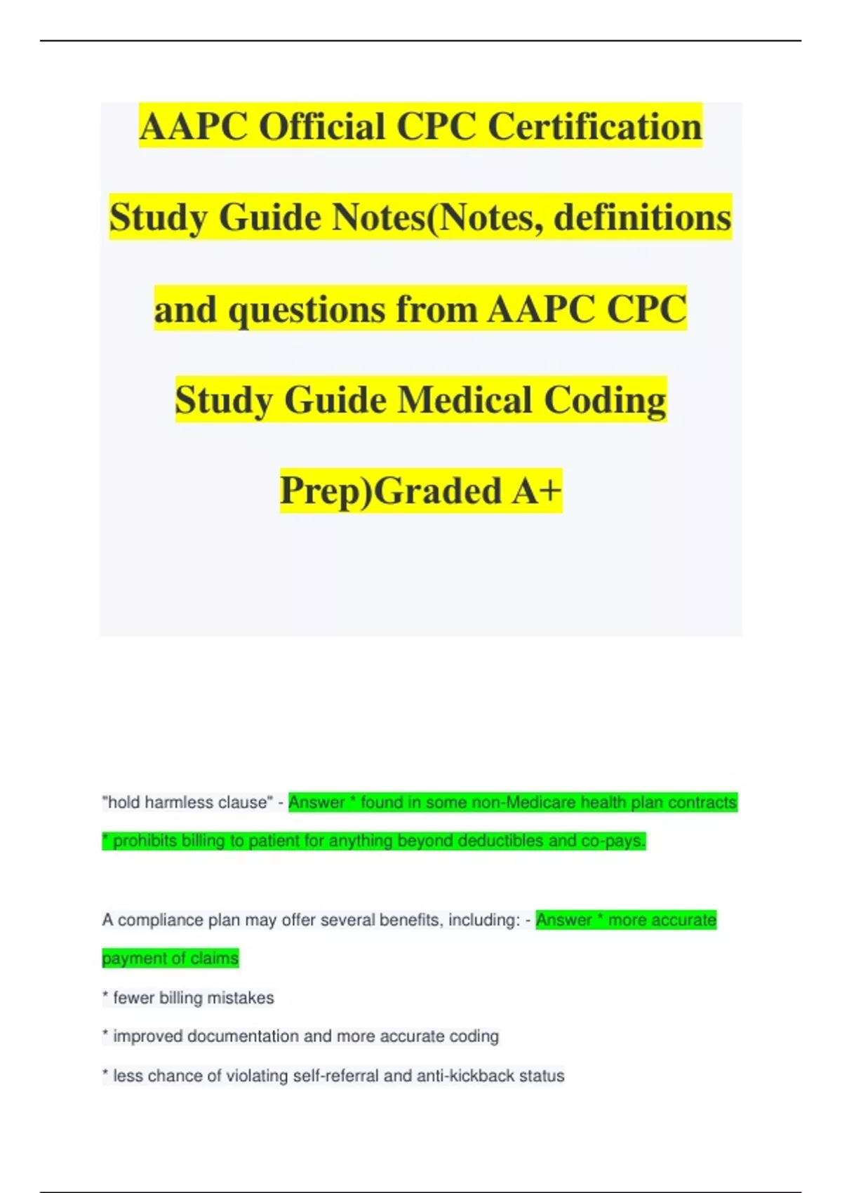 AAPC Official CPC Certification Study Guide Notes(Notes, definitions