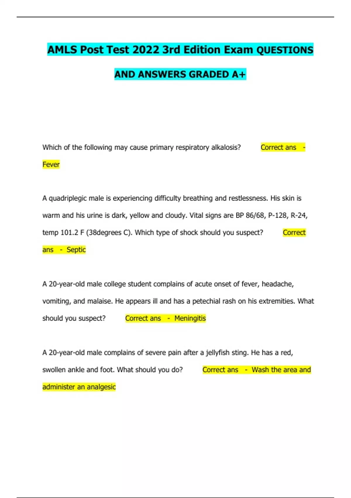 AMLS Post Test 2022 3rd Edition Exam QUESTIONS AND ANSWERS GRADED A+ ...