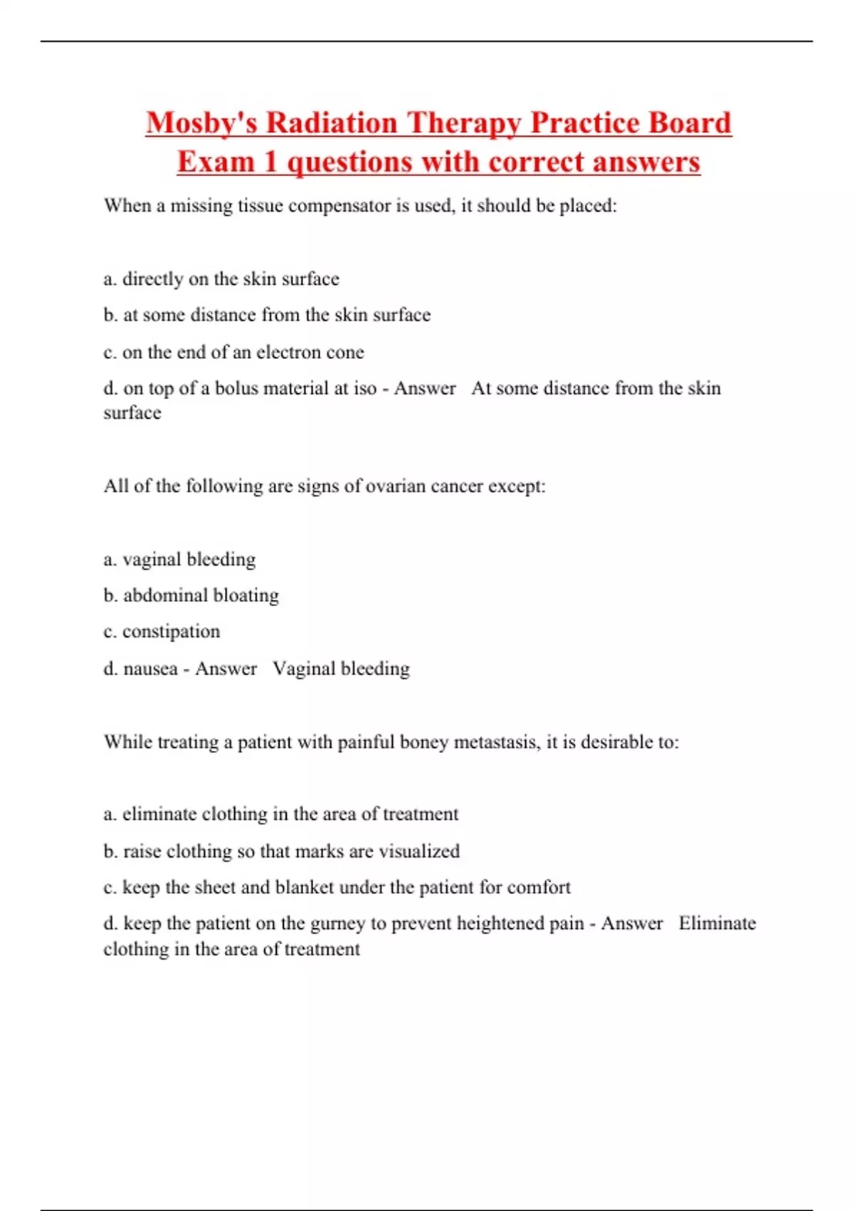 Mosby's Radiation Therapy Practice Board Exam 1 questions with correct