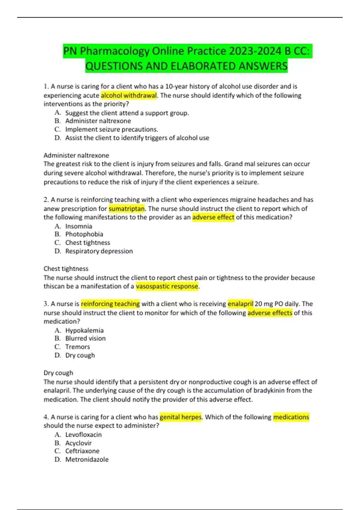 PN Pharmacology Online Practice B CC: QUESTIONS AND ELABORATED ANSWERS ...