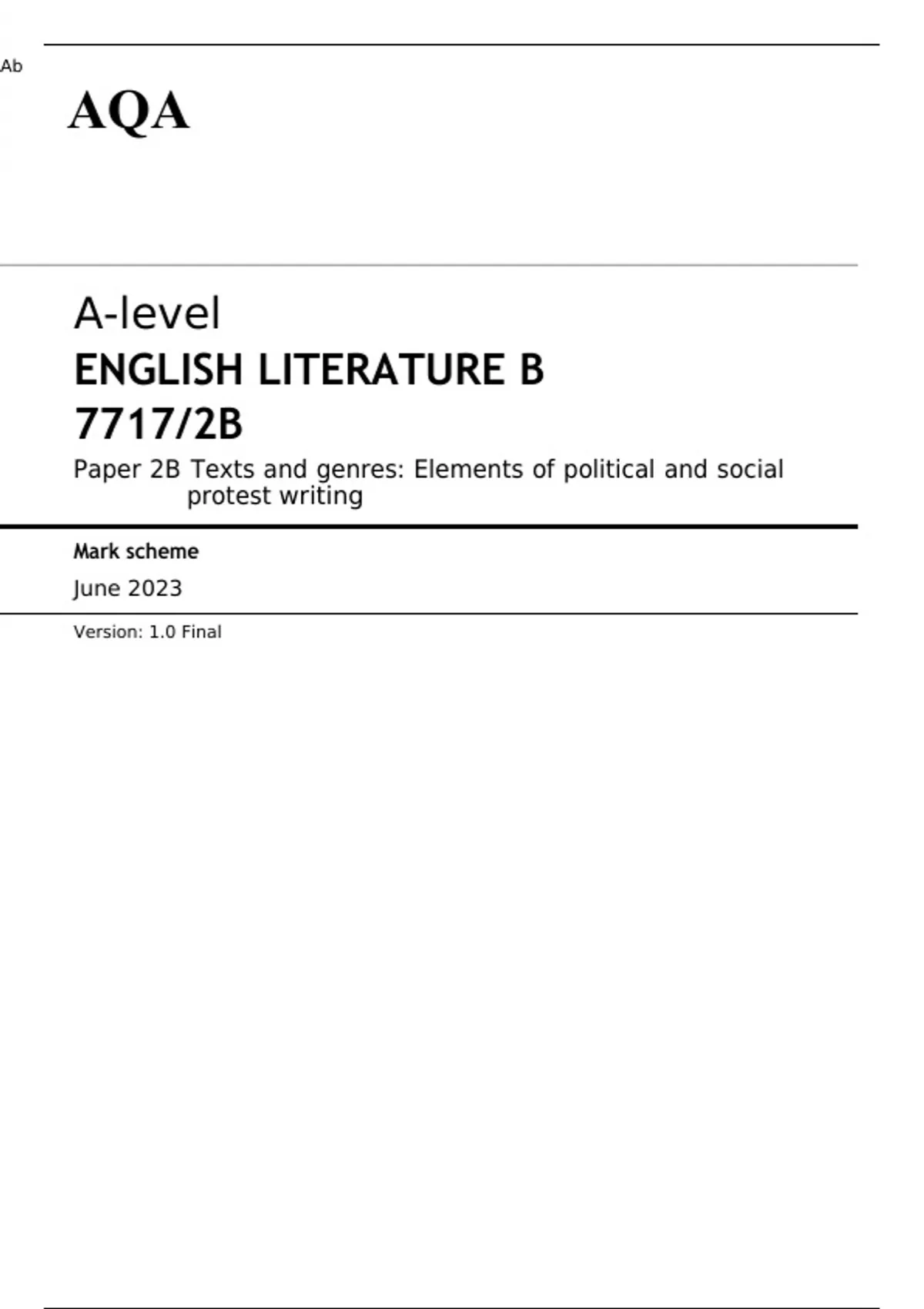 AQA A-level ENGLISH LITERATURE B 7717/2B Paper 2B MARK SCHEME 2023 ...