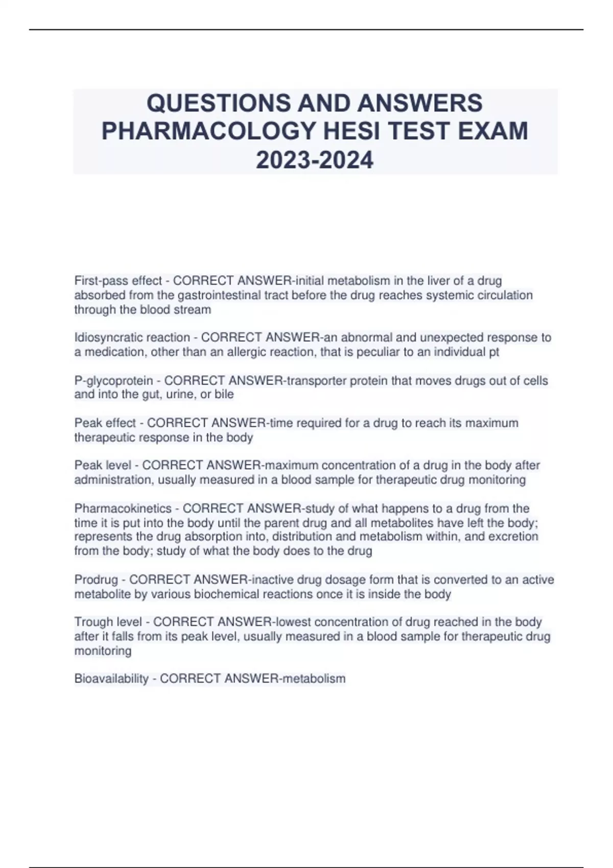 QUESTIONS AND ANSWERS PHARMACOLOGY HESI TEST EXAM HESI PHARMACOLOGY