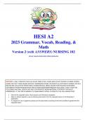 NURSING 123 HESI A2 Grammar, Vocab, Reading, & Math Version 2 (with ANSWERS)