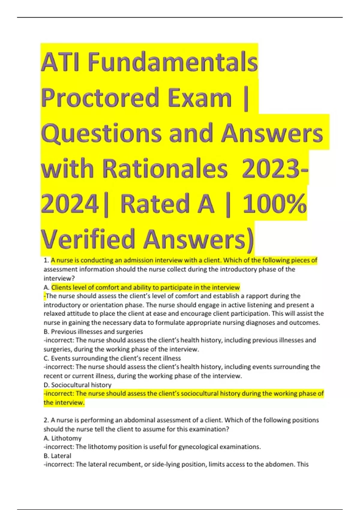 ATI Fundamentals Proctored Exam Questions and Answers with Rationales