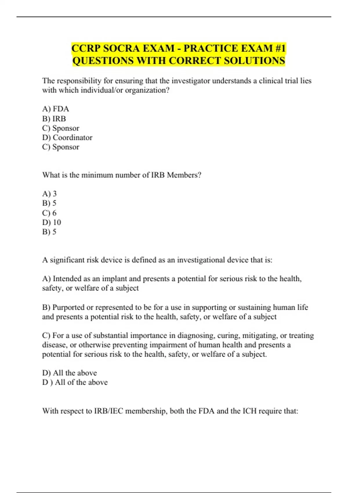 CCRP SOCRA EXAM - PRACTICE EXAM #1 QUESTIONS WITH CORRECT SOLUTIONS ...