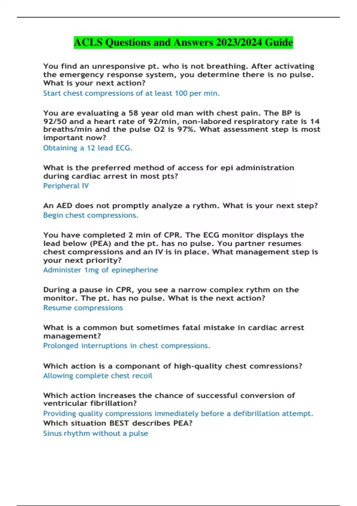 ACLS Questions and Answers 2023/2024 Guide ACLS Stuvia US