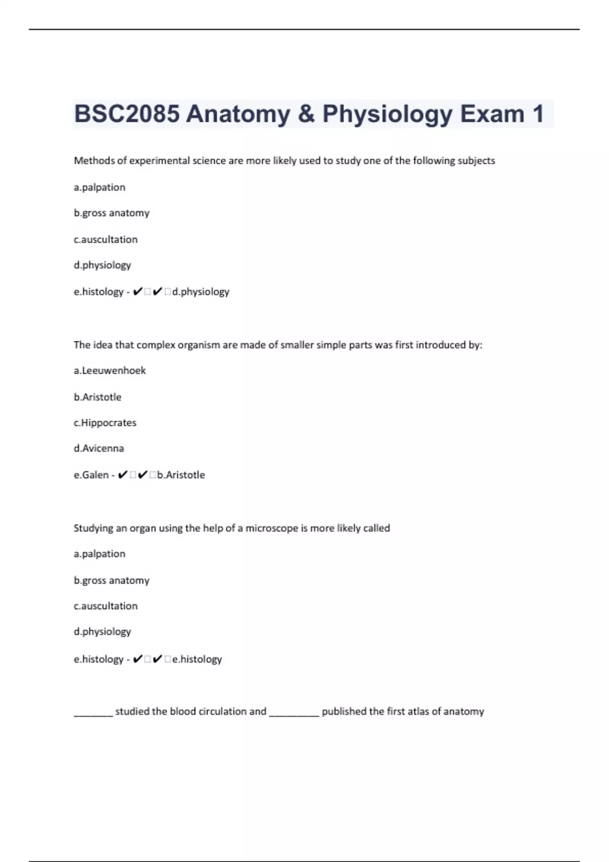 BSC2085 Anatomy & Physiology Exam 1|50 Questions With Correct Answers ...