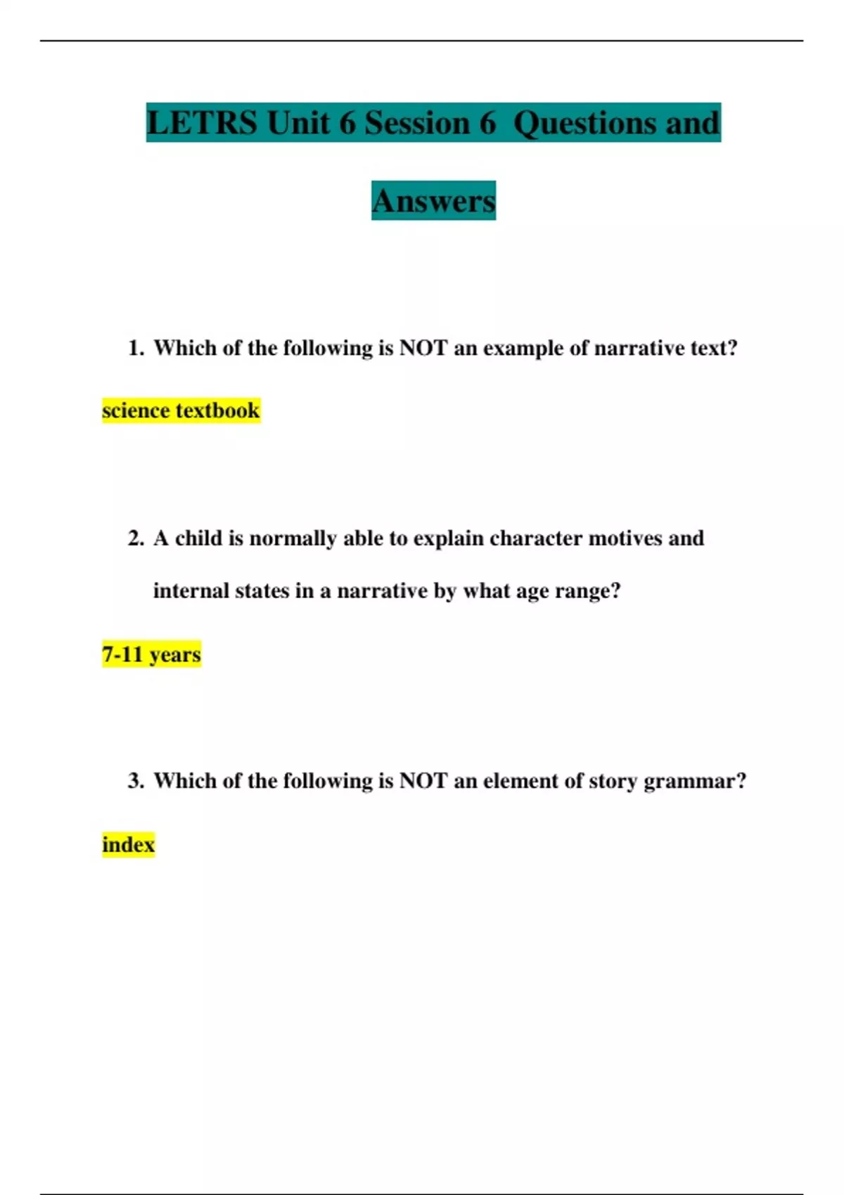 LETRS Unit 6 Session 6 Questions and Answers Letrs Stuvia US