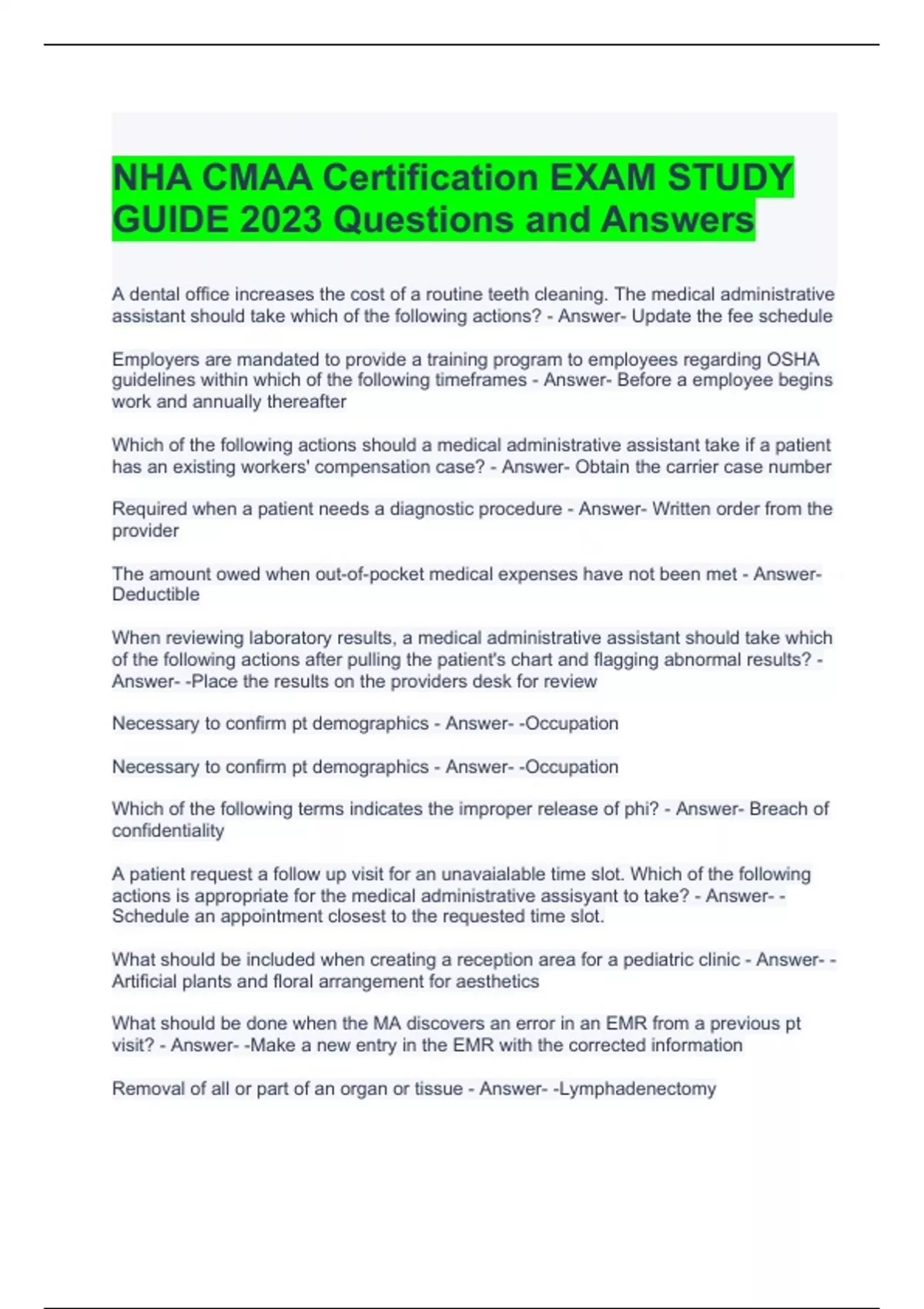 NHA CMAA Certification EXAM STUDY GUIDE 2023 Questions and Answers