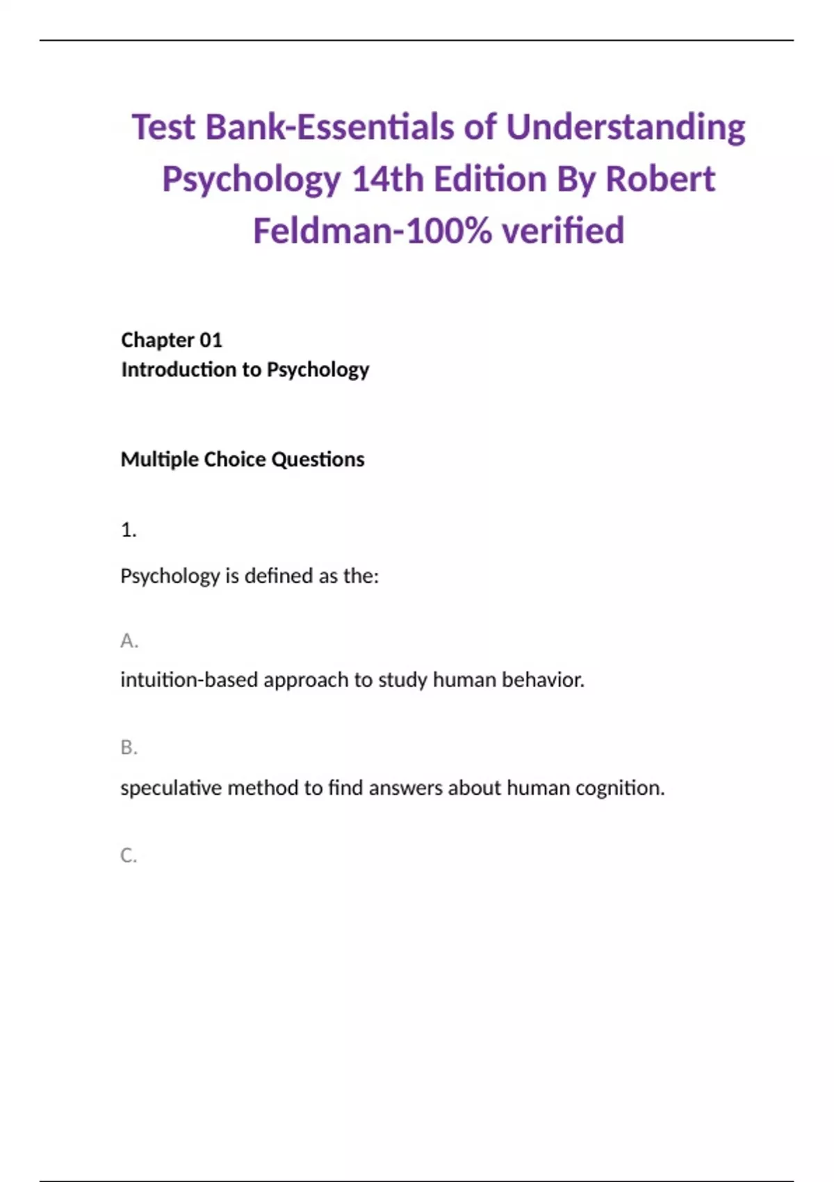 Test Bank for Essentials of Understanding Psychology 14th Edition