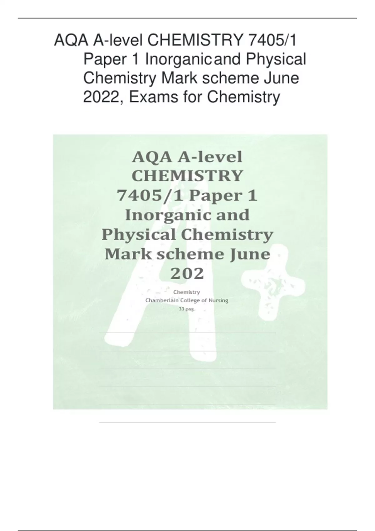 AQA A-level CHEMISTRY 7405/1 Paper 1 Inorganic And Physical Chemistry Mark Scheme June 2022 ...