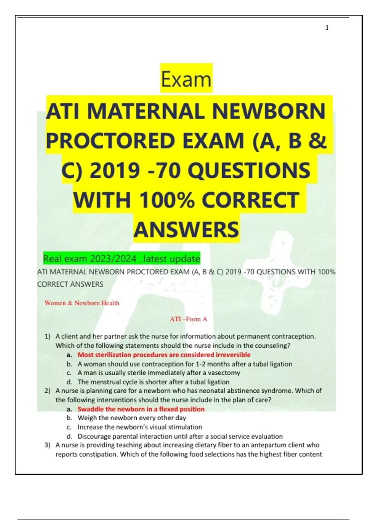 Exam ATI MATERNAL NEWBORN ATI MATERNAL NEWBORN ATI MATERNAL NEWBORN ATI ...