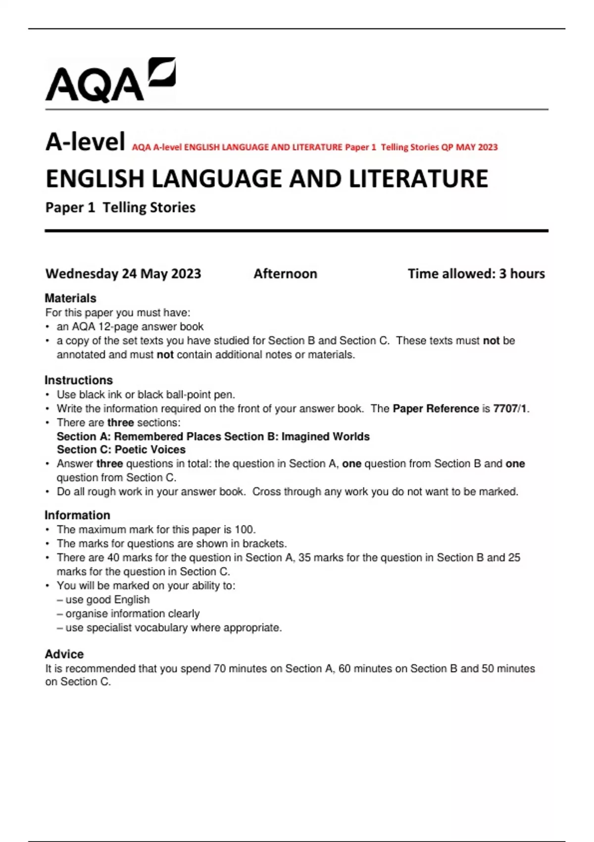 AQA A-level ENGLISH LANGUAGE AND LITERATURE Paper 1 Telling Stories QP ...