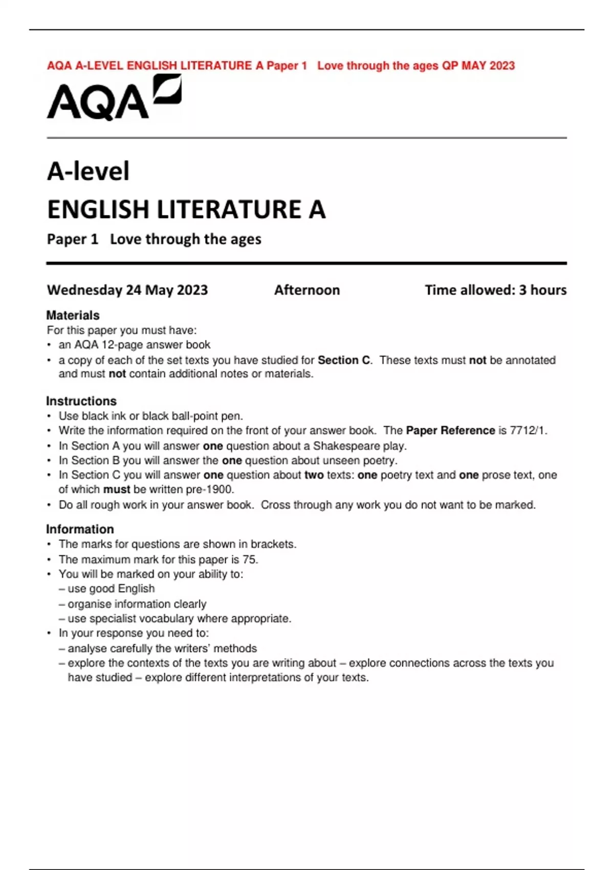 AQA A-LEVEL ENGLISH LITERATURE A Paper 1 Love Through The Ages QP MAY ...