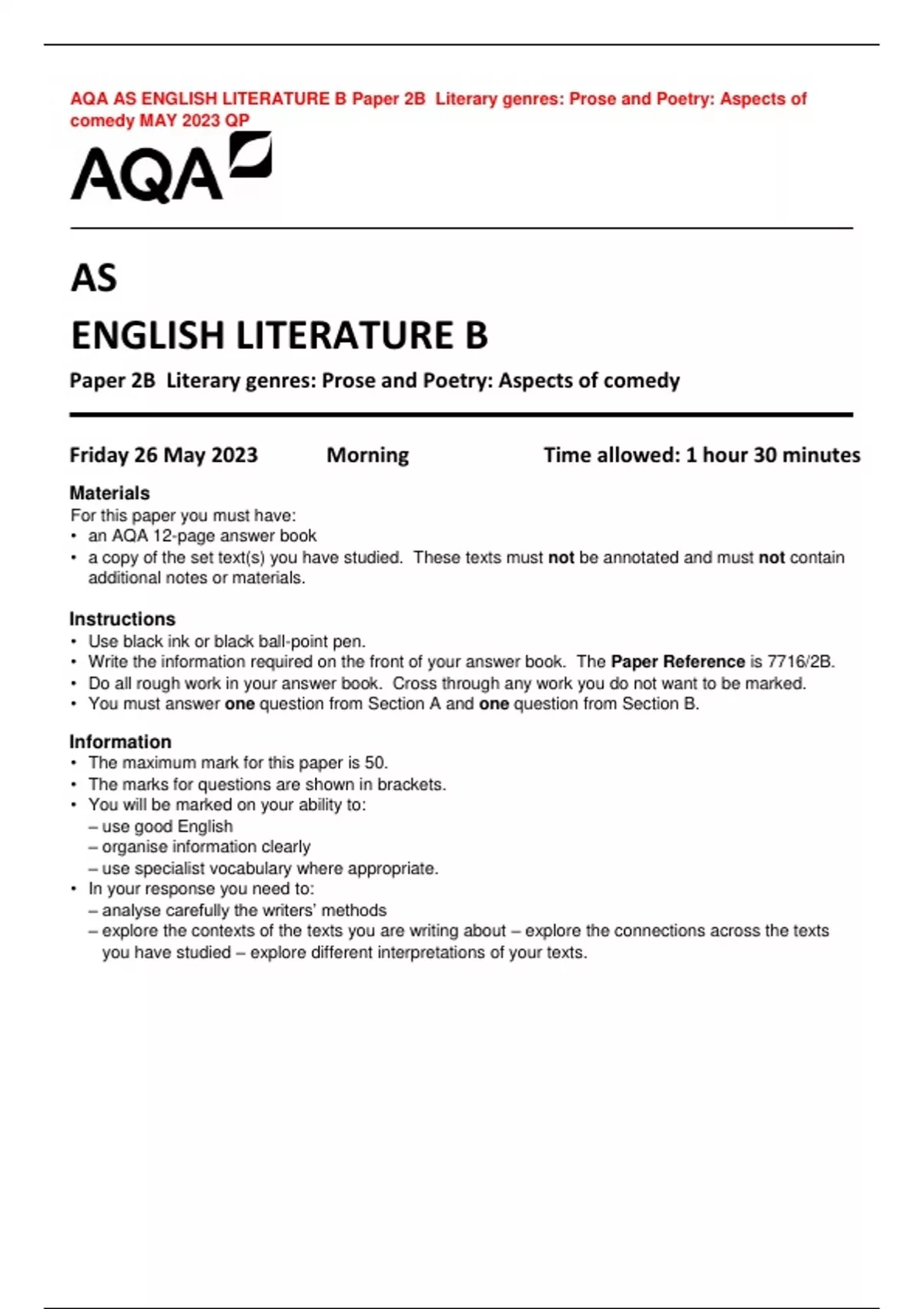 AQA AS ENGLISH LITERATURE B Paper 2B Literary Genres: Prose And Poetry ...