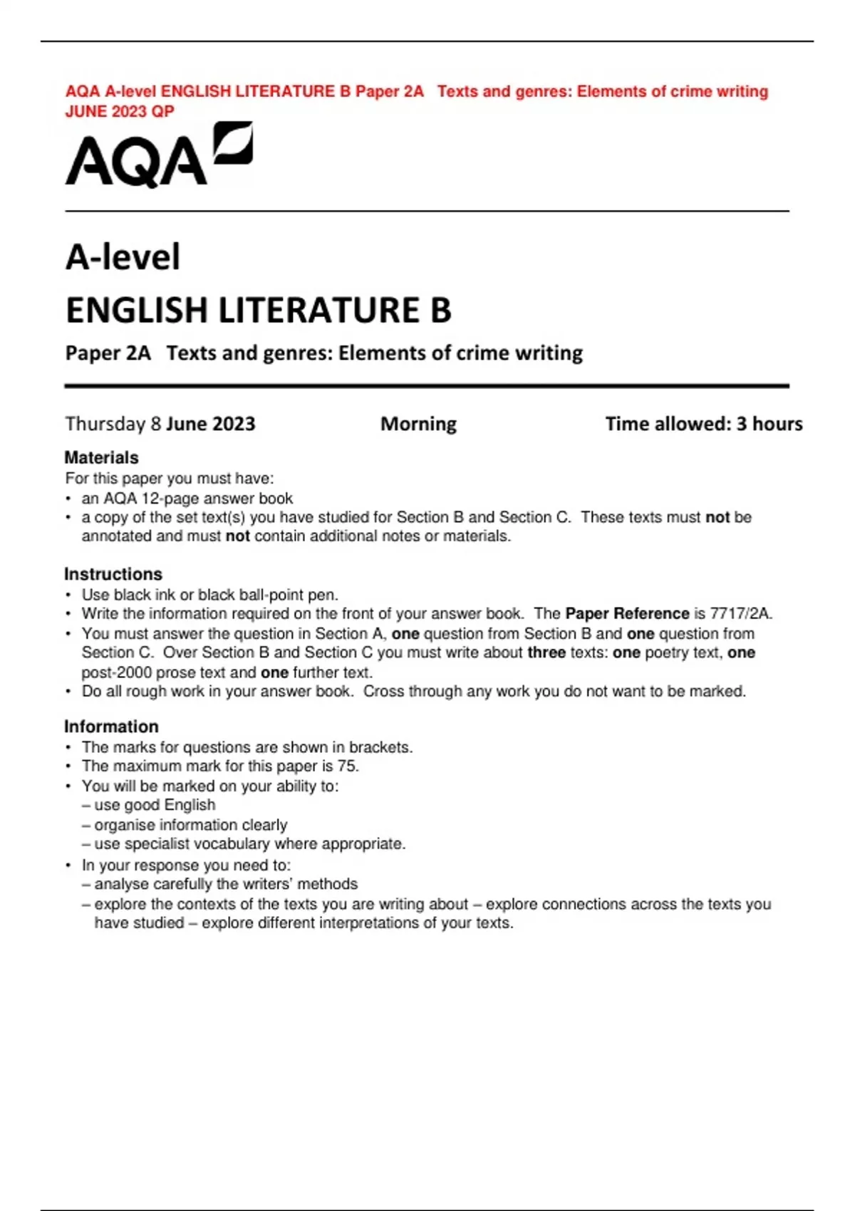 AQA A-level ENGLISH LITERATURE B Paper 2A Texts And Genres: Elements Of ...