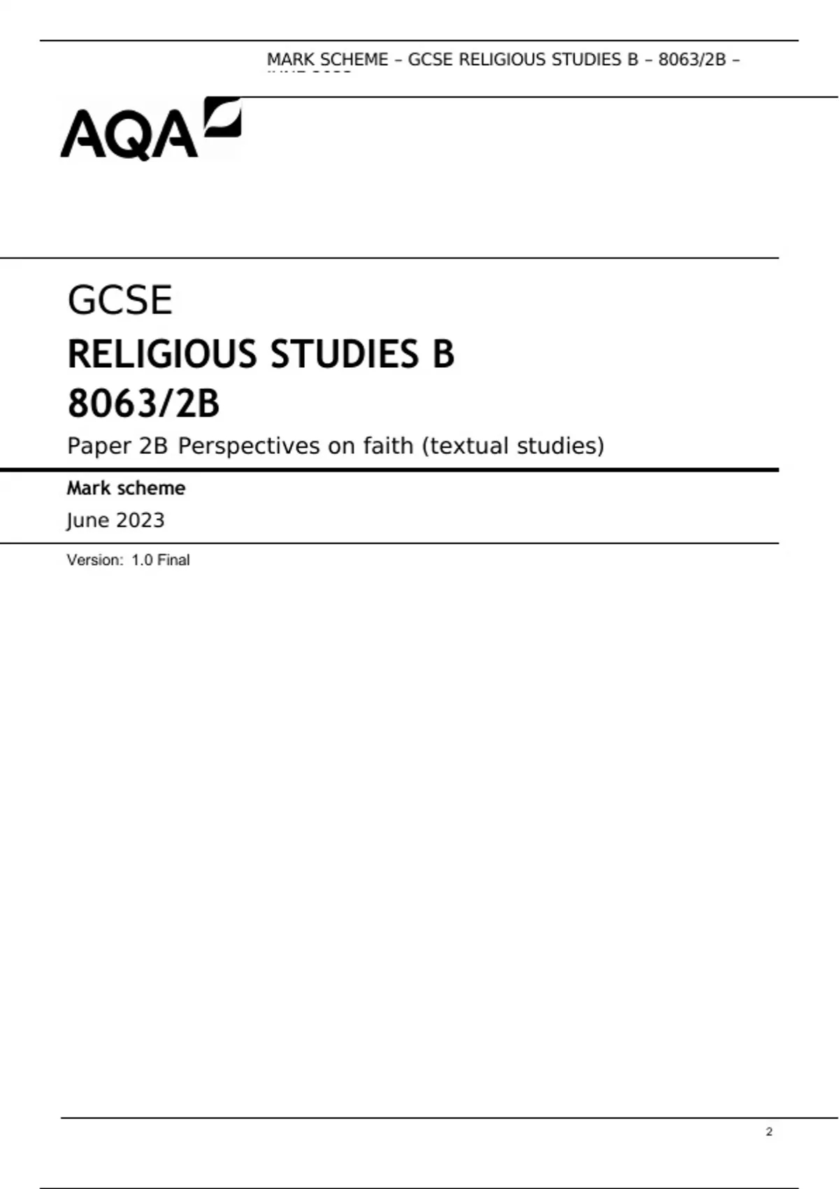 AQA GCSE RELIGIOUS STUDIES B 8063/2B Paper 2B Perspectives On Faith ...