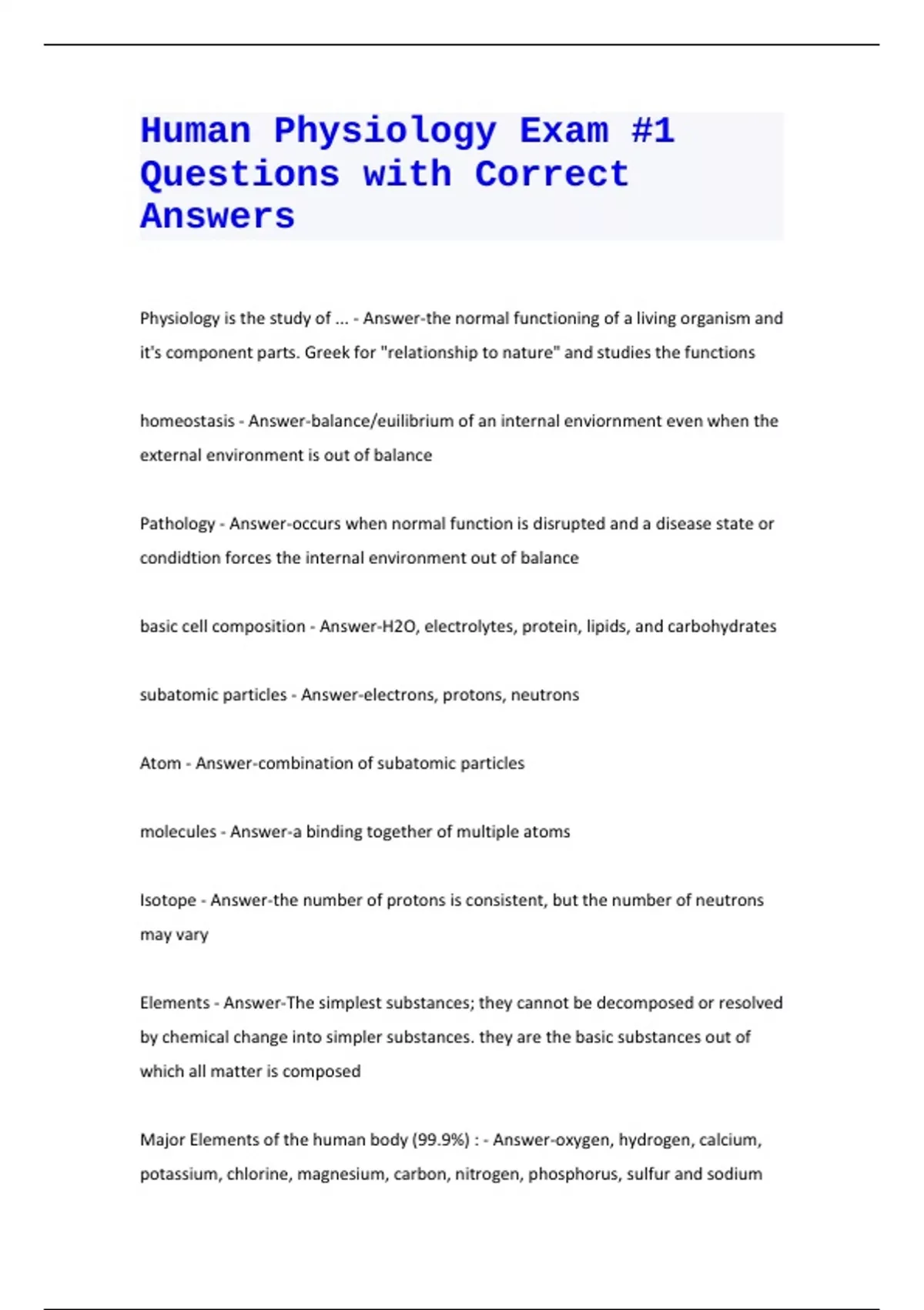 Human Physiology Exam #1 Questions with Correct Answers - Human ...