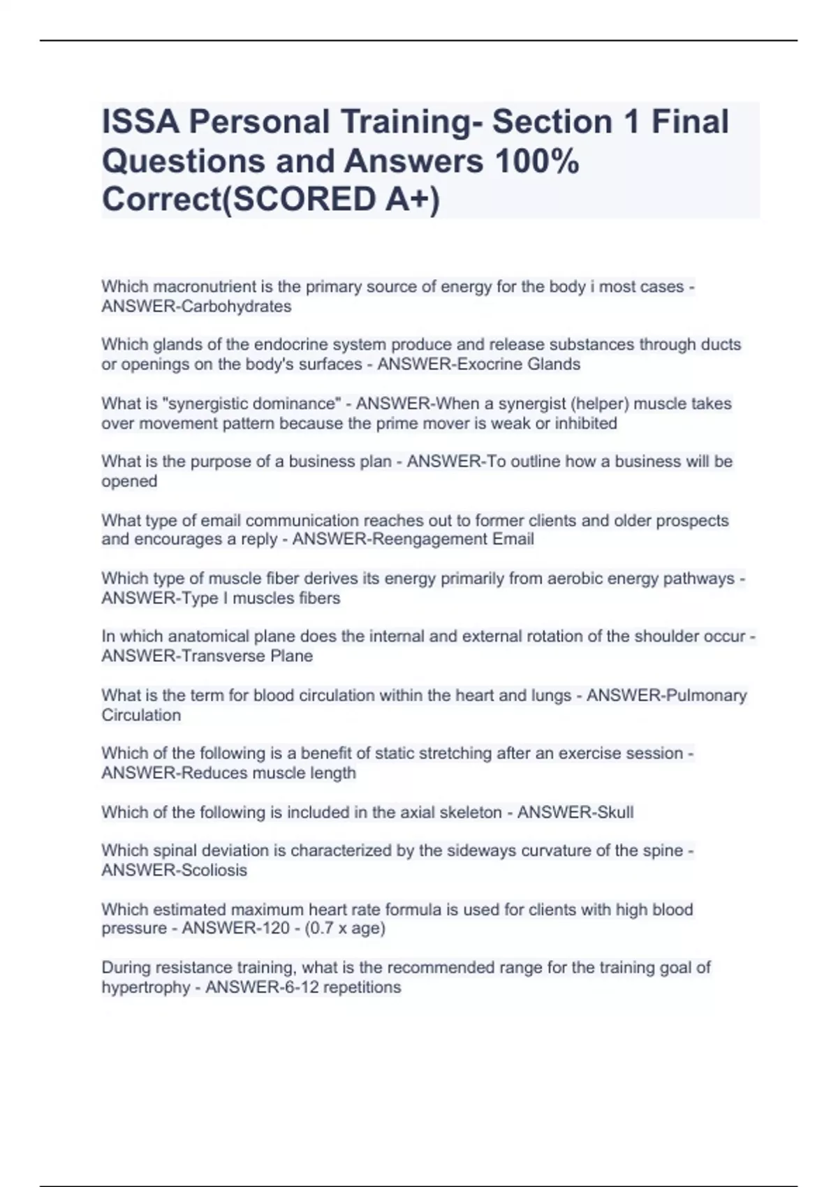 ISSA Personal Training  Section 20 Final Questions and Answers 2000 ...
