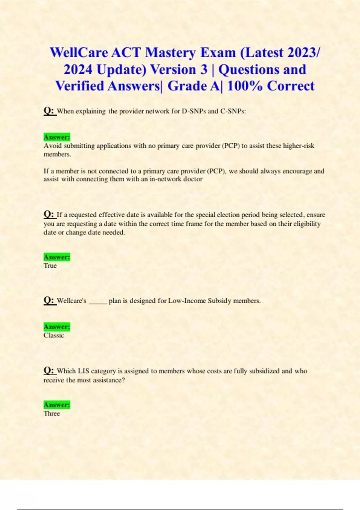 WellCare ACT Mastery Exam (Latest 2023/ 2024 Update) Version 3