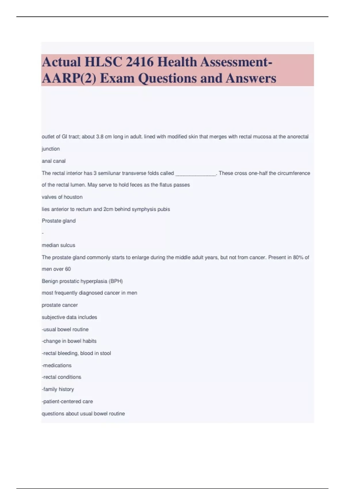 Actual HLSC 2416 Health Assessment AARP(2) Exam Questions and Answers