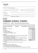 AQA GCSE COMBINED SCIENCE SYNERGY Foundation Tier	Paper 2 Life and Environmental Sciences June 2023
