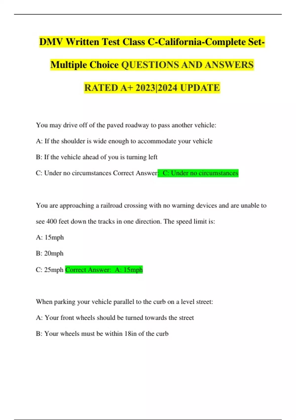 DMV Written Test Class Set Multiple Choice