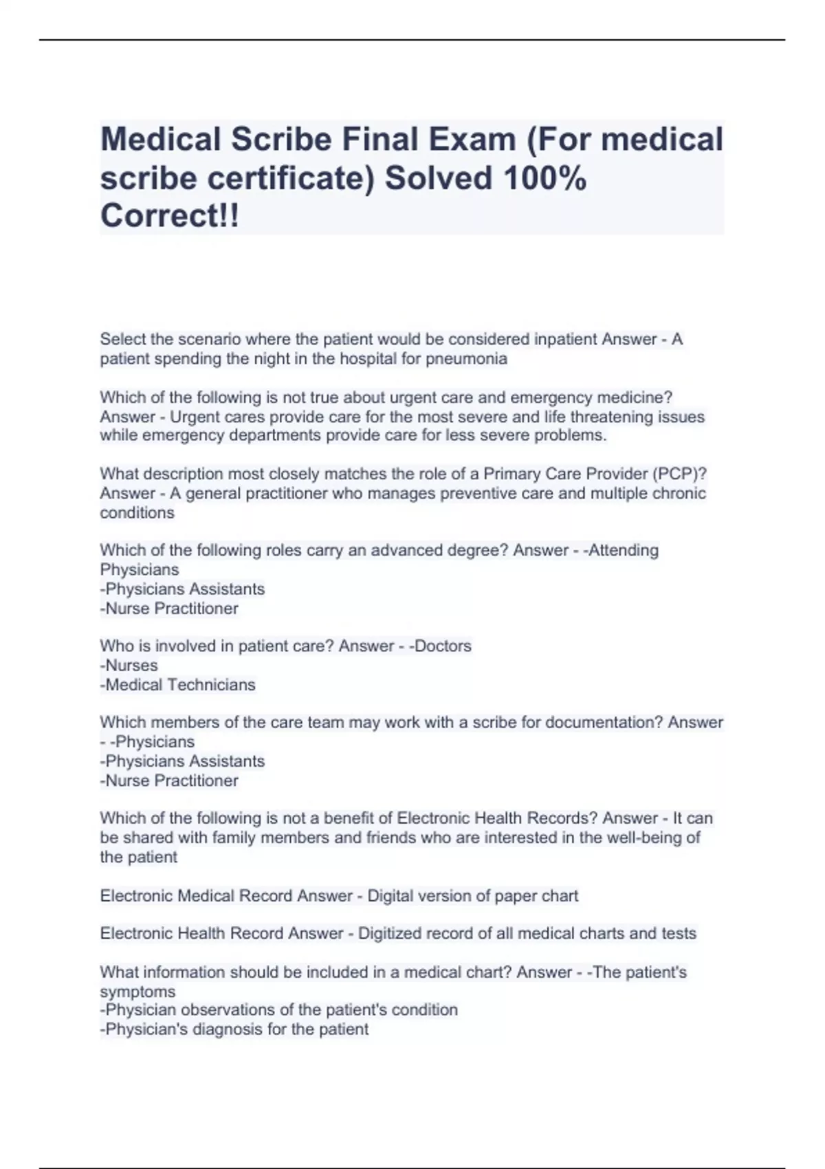 Medical Scribe Final Exam For Medical Scribe Certificate Solved 100 Correct Medical 