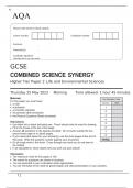AQA GCSE COMBINED SCIENCE SYNERGY Higher Tier	Paper 2 Life and Environmental Sciences June 2023