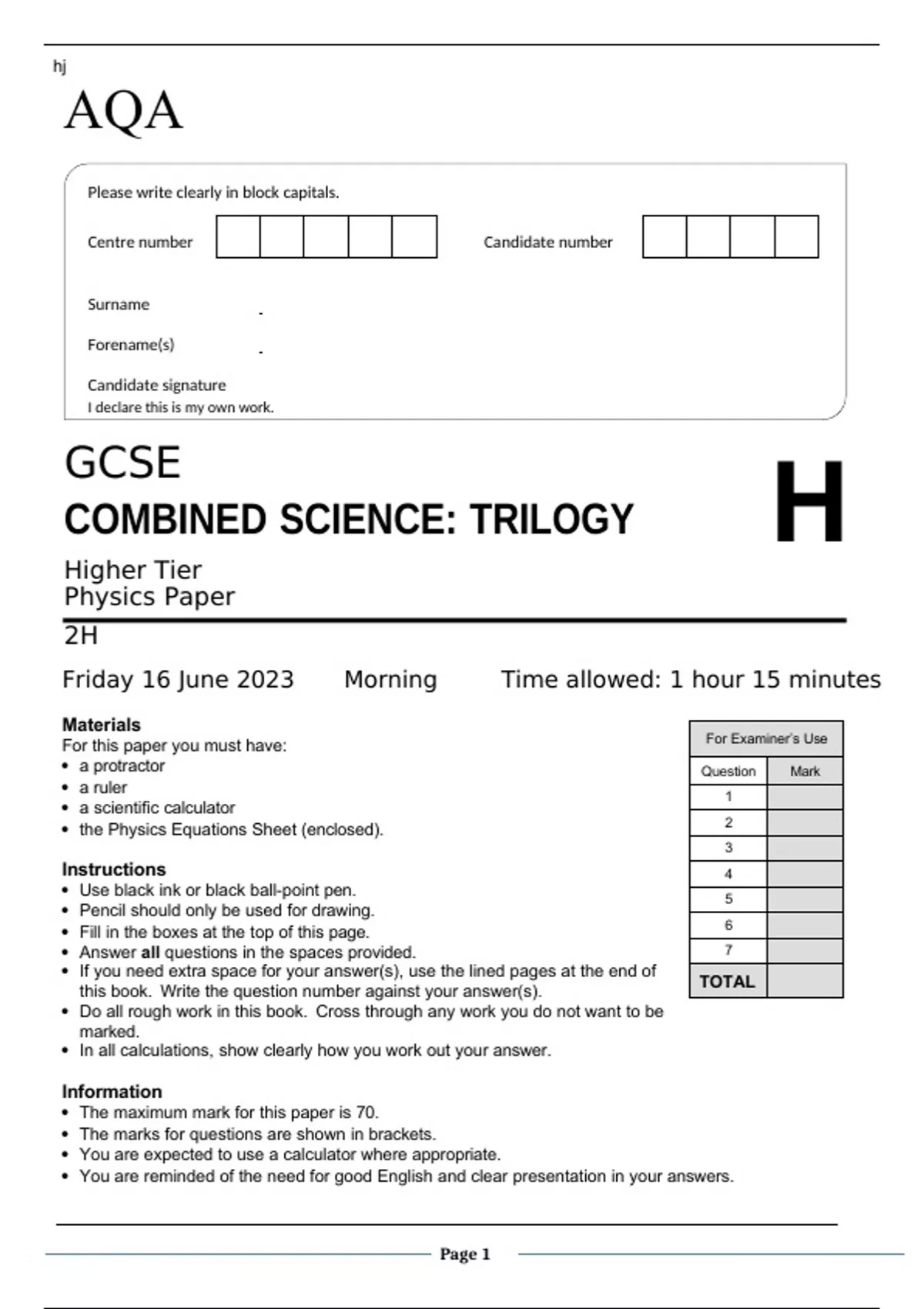 Aqa Gcse Combined Science Trilogy Higher Tier Physics Paper 2h June 2023 Combined Science 2549