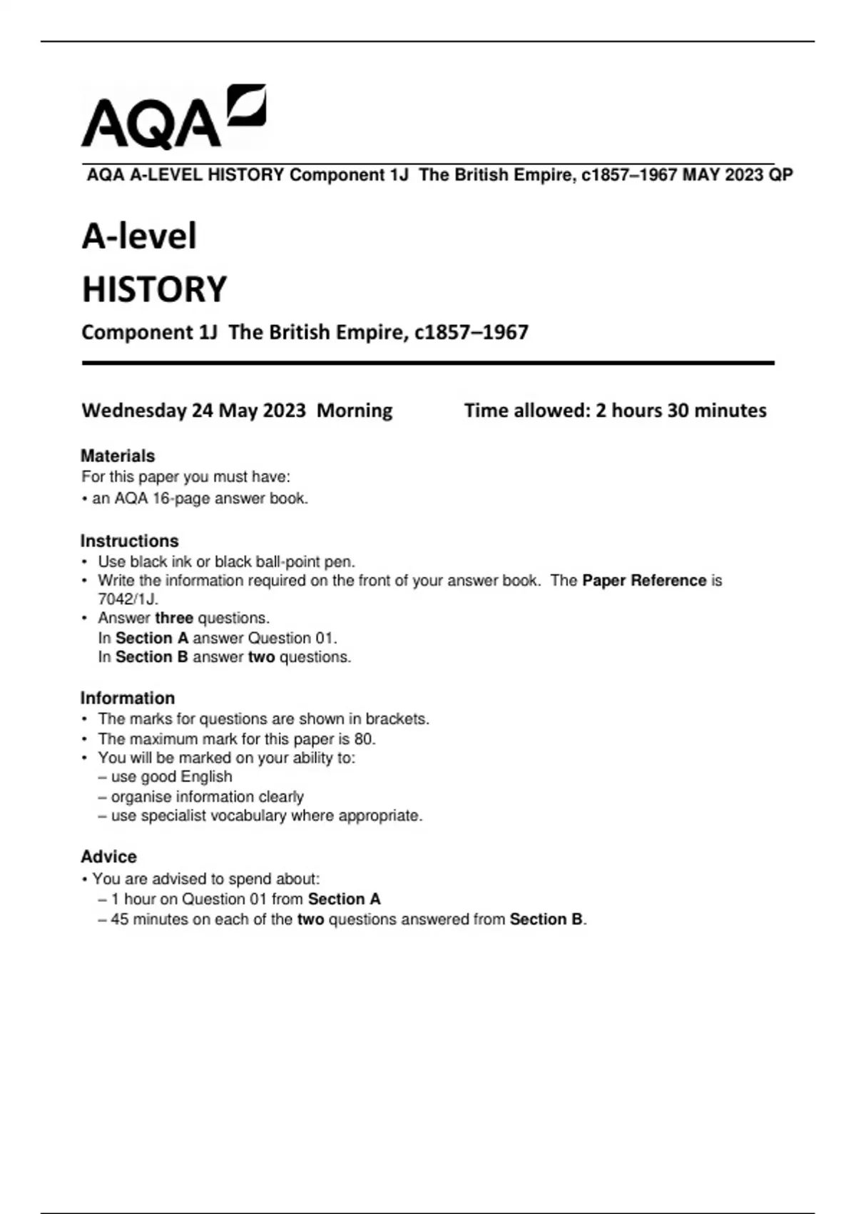 AQA A-LEVEL HISTORY Component 1J The British Empire, C1857–1967 MAY ...