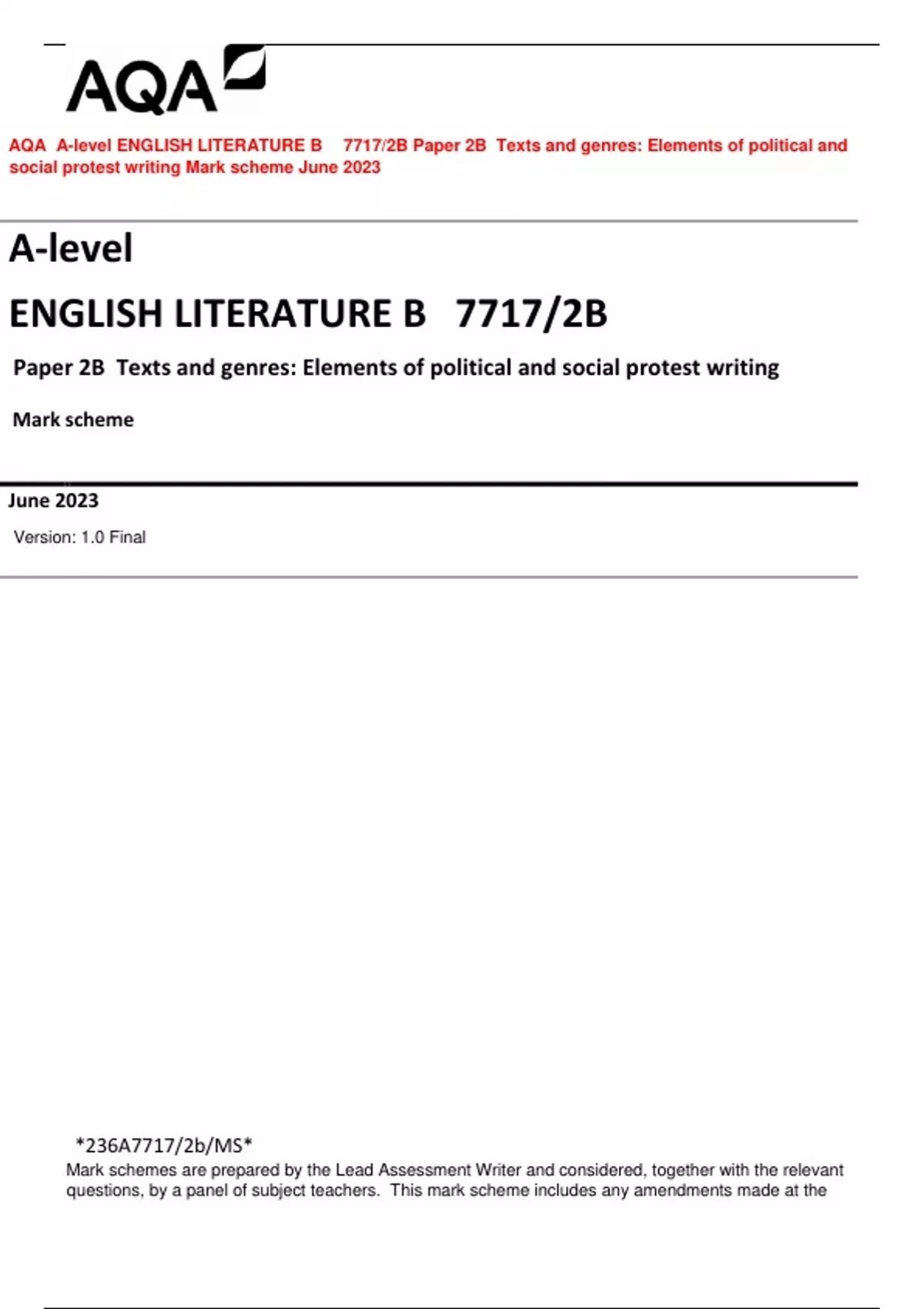 AQA A-level ENGLISH LITERATURE B 7717/2B Paper 2B Texts And Genres ...