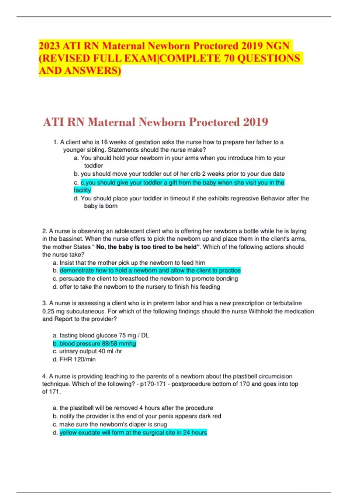 2023 ATI RN Maternal Newborn Proctored 2019 NGN (REVISED FULL EXAM ...