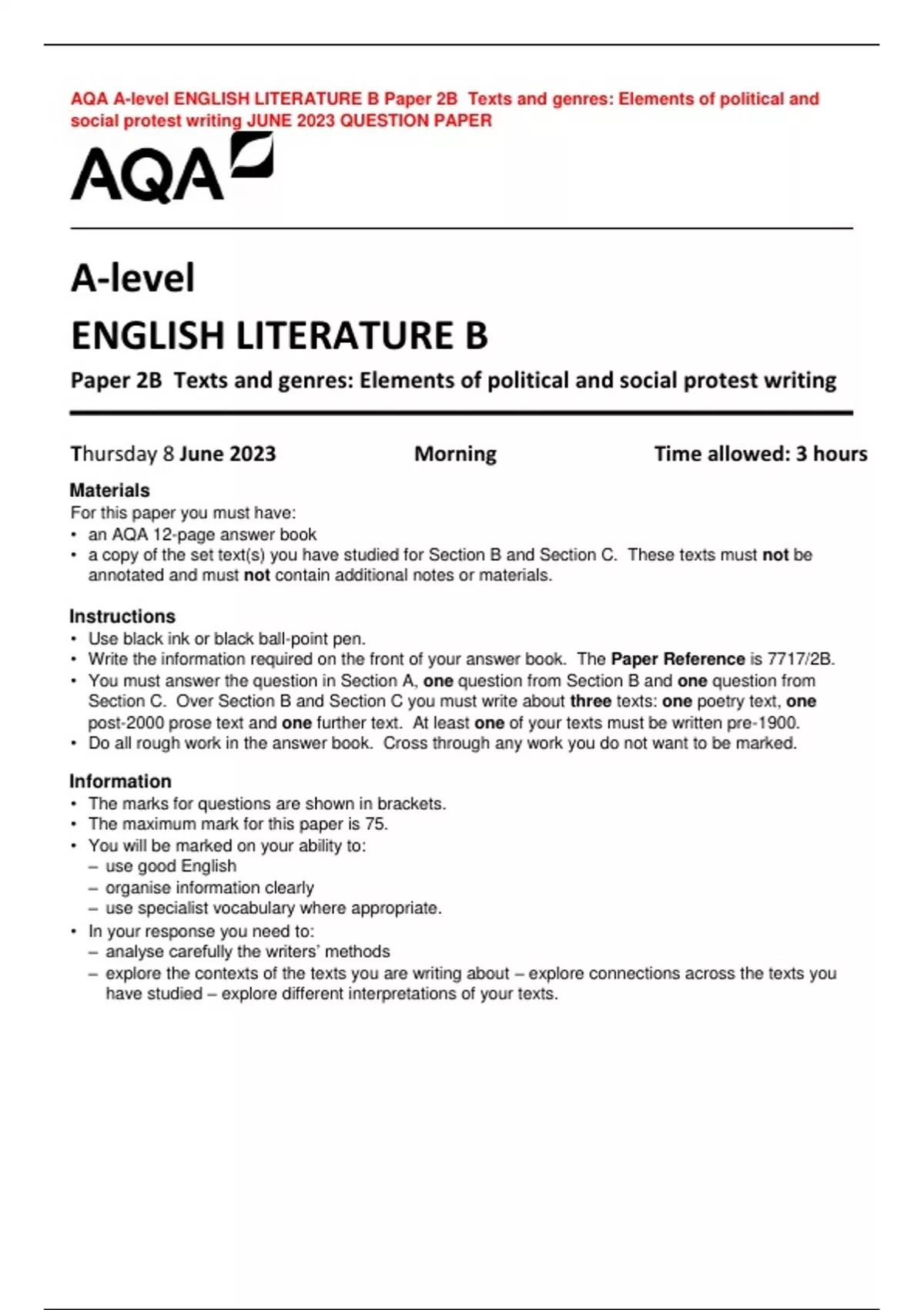 AQA A-level ENGLISH LITERATURE B Paper 2B Texts And Genres: Elements Of ...