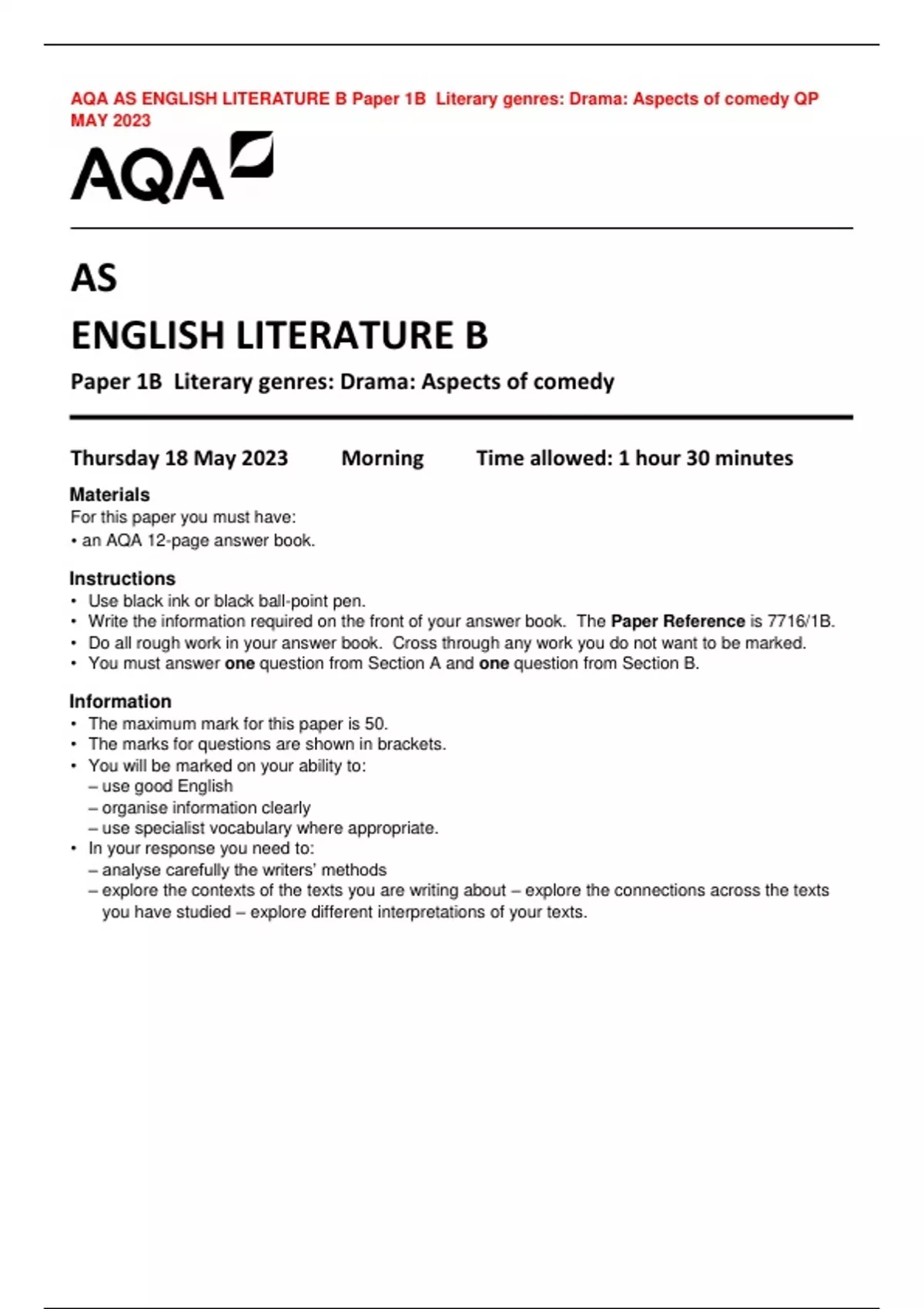 AQA AS ENGLISH LITERATURE B Paper 1B Literary genres: Drama: Aspects of ...