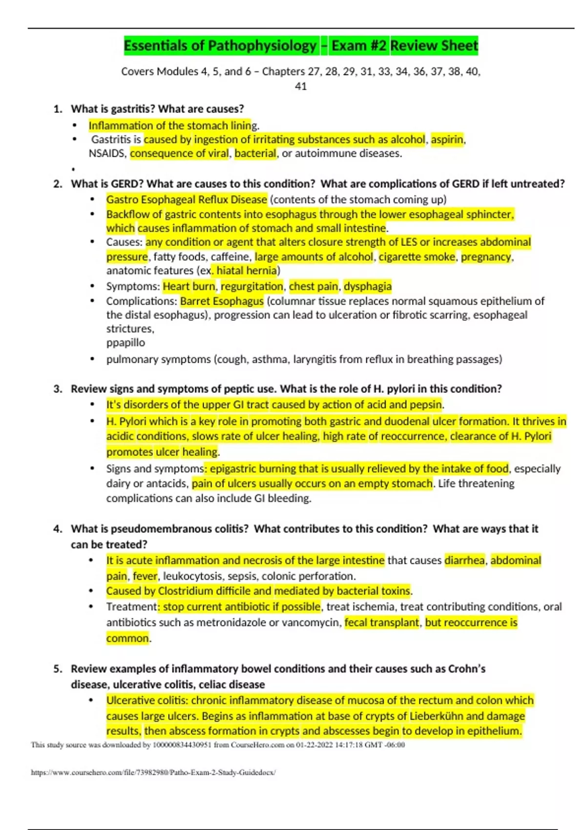 Essentials Of Pathophysiology – Exam #2 Review Sheet 2023 Exams 100% ...