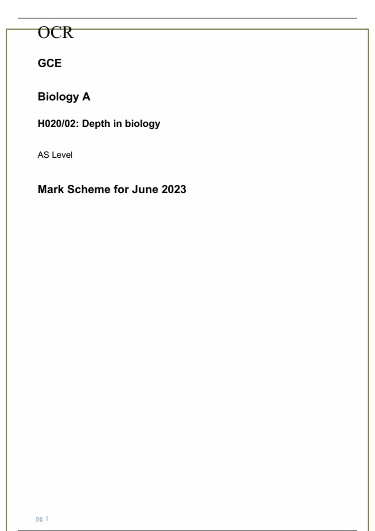 OCR Biology A H020/02 Depth In Biology AS Level Mark Scheme For June ...