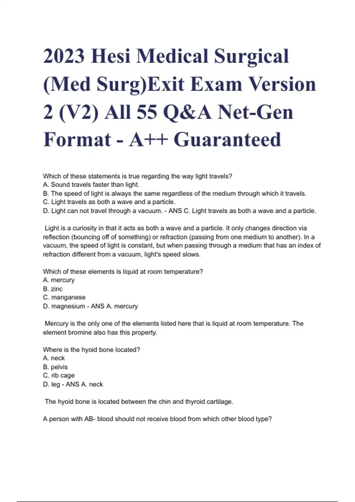 2023 Hesi Medical Surgical (Med Surg)Exit Exam Version 2 (V2) All 55 Q