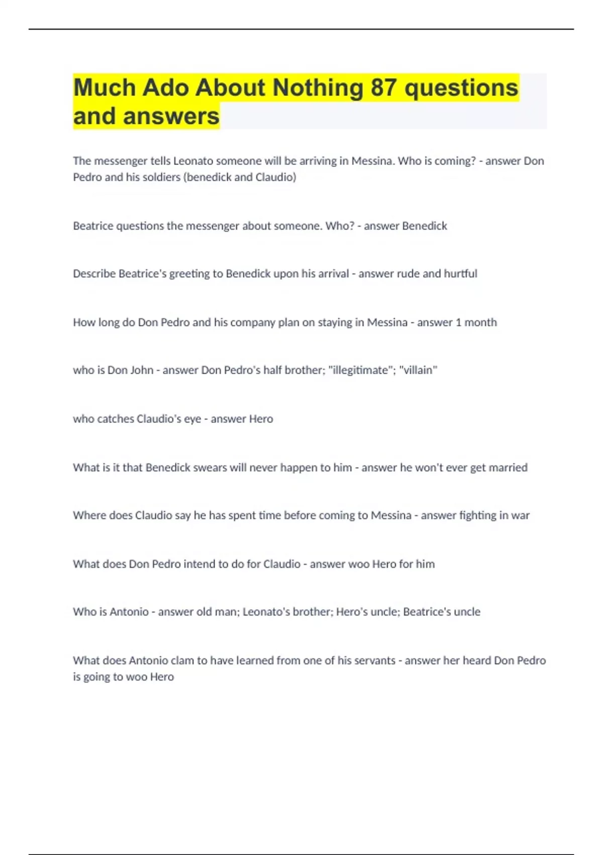 Much Ado About Nothing 87 questions and answers. Much Ado About
